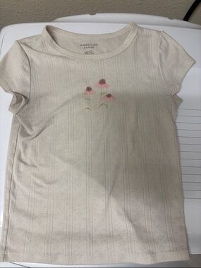 American Eagle Outfitters Cream Short Sleeve Tee with Pink Floral Motif